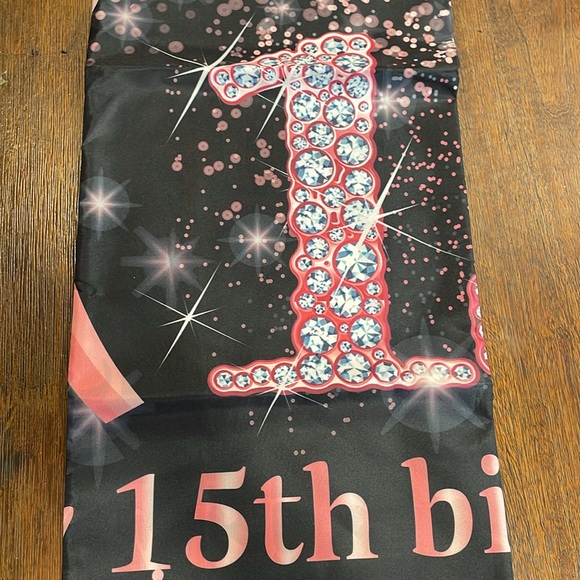 15th Birthday Party Banner Photo Backdrop Rose Gold Tiara Sash Crown Pink Black - Picture 4 of 9